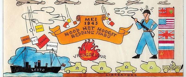 Originele ontwerptekening voor de door Maria van Hemert uitgevoerde borduurlap over de Tweede Wereldoorlog: "MEI 1945 / NOOD HET HOOGST / REDDING NABIJ"