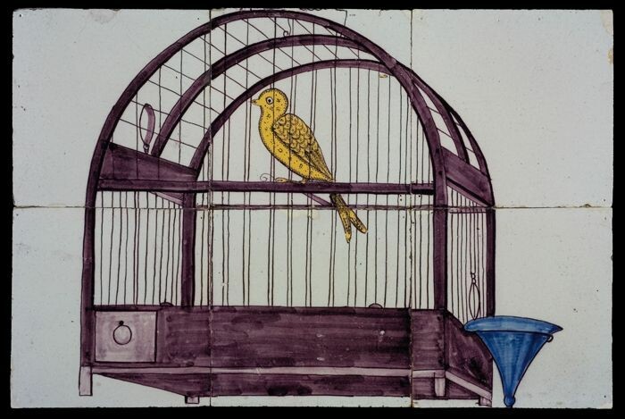 Kinderachtig verkoper Impressionisme Collectiestuk: Tegeltableau, zes tegels, geel en paars op wit, kanarie in  vogelkooi met blauw waterbakje | Museum Rotterdam