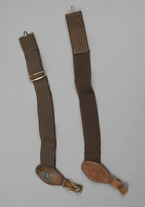 Ongeautoriseerd Ontwaken Hen Collectiestuk: Paar sokophouders, bruin-beige gestreept elastisch band en  leer, "HIGKOK" | Museum Rotterdam