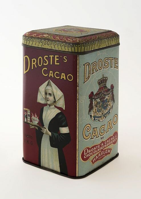 masker opslag Wiskunde Collectiestuk: Vierkant blik met scharnierend deksel, "Droste's Cacao",  rood en lichtblauw | Museum Rotterdam