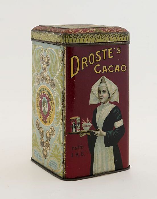 masker opslag Wiskunde Collectiestuk: Vierkant blik met scharnierend deksel, "Droste's Cacao",  rood en lichtblauw | Museum Rotterdam